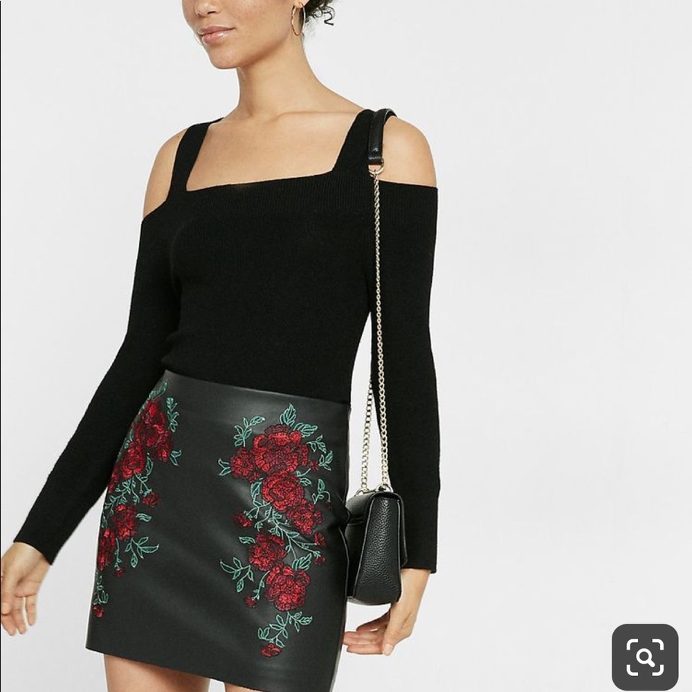 Flower Embroidered Leather Mini Skirt